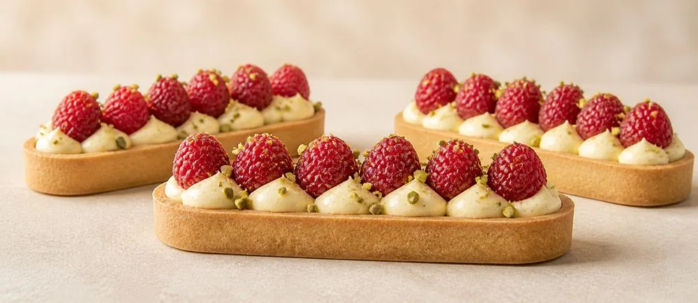 Owalne tartaletki z kremem pistacjowym i malinami — korpus słodki 12 cm